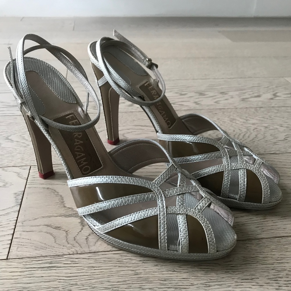 Salvatore Ferragamo Silver Leather Ankle Strap High Heel Sandals